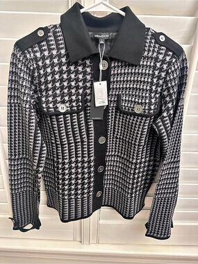 Minnie Rose Houndstooth Button-Front Cardigan Black & White NWT
